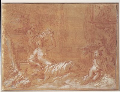 Ninfa reclinata in un giardino con fontana, vaso e tre cupidi da Bartolomeo Biscaino