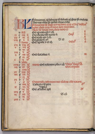 Missale: Fol. 3v: Pagina del calendario di febbraio da Bartolomeo Caporali
