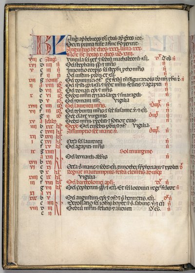 Missale: Fol. 6v: Pagina del calendario di agosto da Bartolomeo Caporali