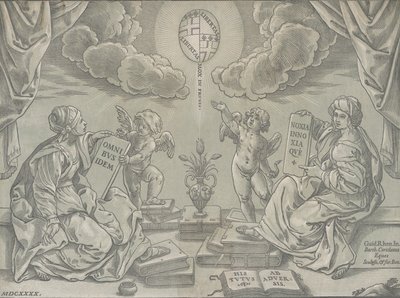 Allegoria di una tesi, due donne tengono tavolette inscritte da Bartolomeo Coriolano