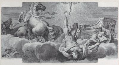 Auriga, il cocchiere, cade dal carro al centro, con tre cavalli a l..., 1756 da Bartolomeo Crivellari, Gabriel Söderling