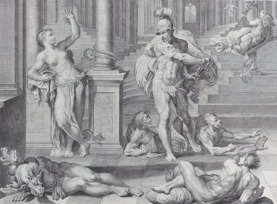 Tavola 10: Ulisse costringe Circe a ripristinare le forme umane dei suoi compagni, che lei aveva..., 1756 da Bartolomeo Crivellari