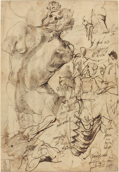 Studi di una scultura di un nudo maschile, vertebre e figure gesticolanti da Bartolomeo Passarotti