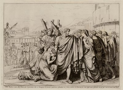 Atilio Regolo si prepara a lasciare Roma per tornare in cattività a Cartagine (acquaforte) da Bartolomeo Pinelli