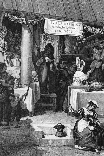 Befana (strega natalizia italiana), bancarella che vende dolci e torrone in Piazza Navona durante l