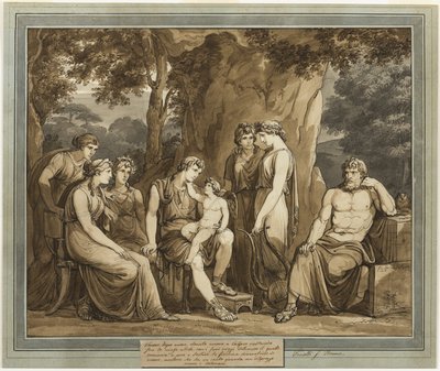 Calipso osserva Telemaco con Cupido sulle ginocchia, mentre Mentore osserva con rabbia, dal libro 7 delle Avventure di Telemaco da Bartolomeo Pinelli