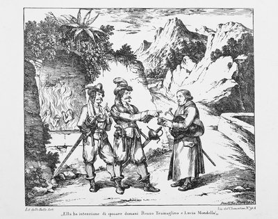 Don Abbondio incontra due Bravi, litografia per I Promessi Sposi di Alessandro Manzoni da Bartolomeo Pinelli