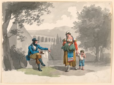 Disegno, una donna che tiene per mano un bambino che passa davanti a un gentiluomo seduto tra le rovine della Campagna, 1807 da Bartolomeo Pinelli