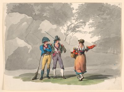 Disegno, Una donna e due uomini armati. Costumi del Regno di Napoli, 1807-08 da Bartolomeo Pinelli