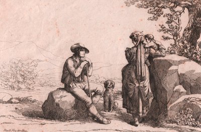 Due popolani con un bambino e un cane a Fraine, Abruzzo, incisione di Bartolomeo Pinelli da Bartolomeo Pinelli