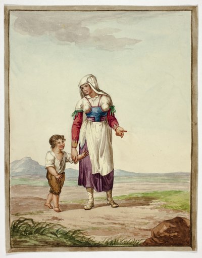 Donna in costume nativo con ragazzo sulla strada da Bartolomeo Pinelli