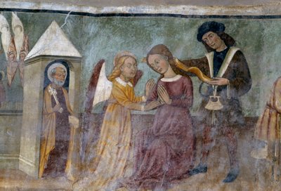 Scena allegorica, (dettaglio) dal ciclo che raffigura la Cavalcata dei Vizi e delle Virtù, ca 1490, di Bartolomeo Serra e Sebastiano Serra, affresco, cappella di Santo Stefano, Giaglione, Piemonte, Italia da Bartolomeo and Serra Sebastiano Serra
