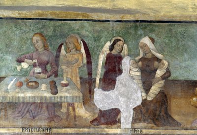 Scena allegorica, dettaglio dal ciclo che raffigura la Cavalcata dei Vizi e delle Virtù, ca 1490, di Bartolomeo Serra e Sebastiano Serra, affresco, Cappella di Santo Stefano, Giaglione, Piemonte, Italia da Bartolomeo and Serra Sebastiano Serra