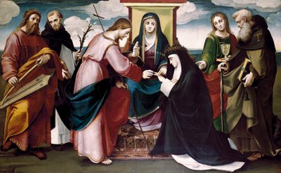 Il matrimonio mistico di Santa Caterina da Siena con Cristo, e i Santi Giovanni Battista, Antonio Abate, Domenico, Re Davide e la Vergine Maria, c. 1517 da Bartolomeo called Bagnacavallo Ramenghi