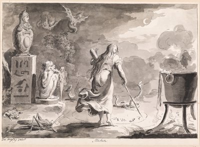 Medea. Una donna di spalle, tra rettili, creature metà uomo e metà animale, un calderone di strega e statue di dei egizi, scrive rune magiche in un cerchio sul terreno di notte da Bartolomeo d