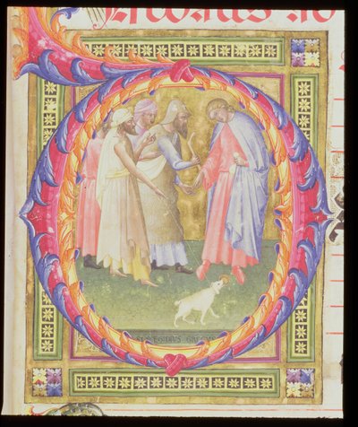 Ms 518 f.1r Iniziale istoriata O raffigurante Tobia e l