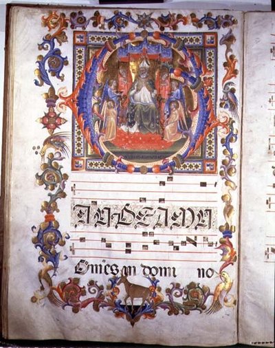 Pagina con illuminazione raffigurante Egidio (San Gil) in trono e circondato da angeli, da 