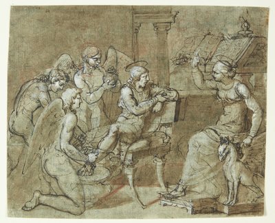 Un santo maschio viene lavato e curato dagli angeli mentre ascolta una santa femmina seduta davanti a un leggio che indica verso l