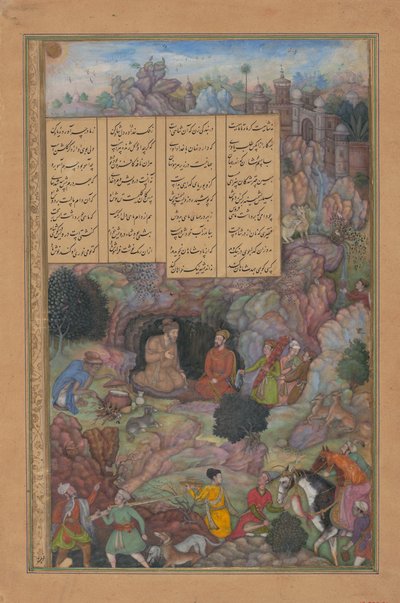 Alessandro visita il saggio Platone nella sua grotta di montagna, Folio da un Khamsa, 1597-98 da Basawan