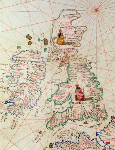 I regni di Inghilterra e Scozia, da un atlante del mondo in 33 mappe, Venezia, 1 settembre 1553 (inchiostro su pergamena) (dettaglio) da Battista Agnese
