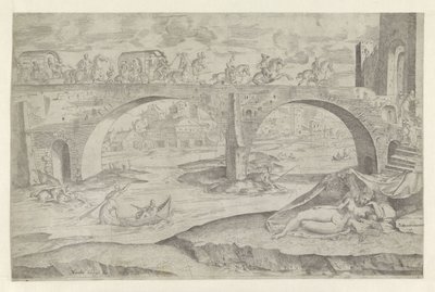 Venere e Amore in una scena urbana con un ponte da Battista Angolo del Moro