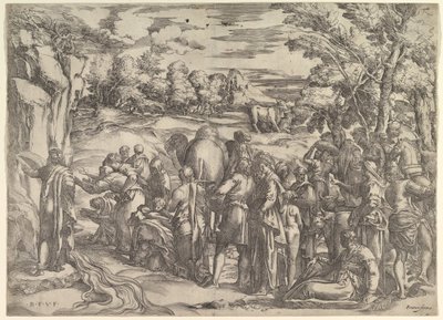 Mosè che estrae acqua dalla roccia, a sinistra con acqua che scorre, varie figure e... da Battista Franco Veneziano