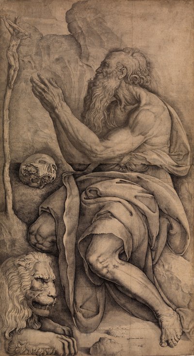 San Girolamo inginocchiato davanti a un crocifisso, con un teschio e un leone, ca. 1550-60 da Battista Franco Veneziano