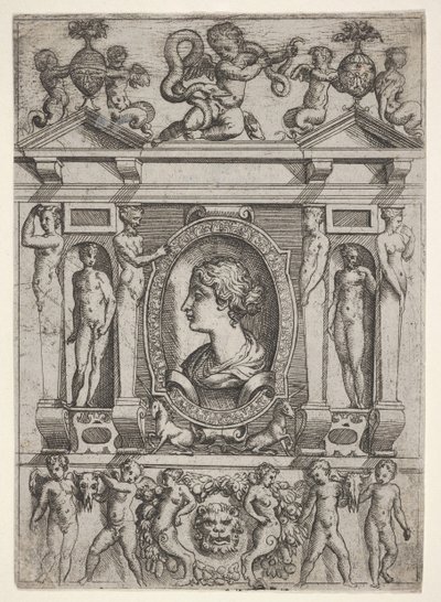 Busto di una donna di profilo rivolto a sinistra, inserito in una cornice elaborata con figure, ca. 1540-80 da Battista del Moro