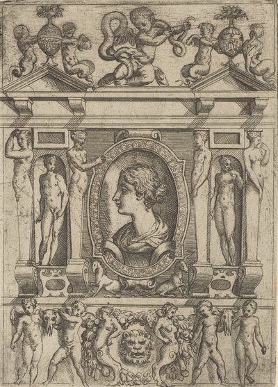Busto di una donna di profilo rivolta a sinistra, in una cornice elaborata con figure da Battista del Moro