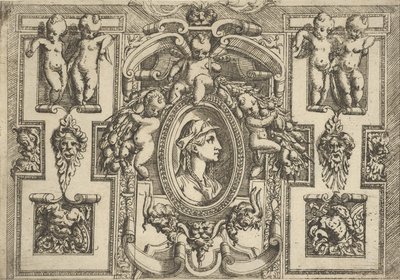 Busto di una donna di profilo rivolta a destra, inserito in una cornice elaborata con putti da Battista del Moro