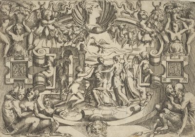 Quattro donne che circondano una figura seduta, un uccello sopra di loro, inserite in un elaborato... da Battista del Moro