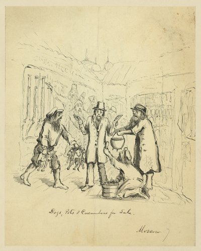 Cani, pentole e cetrioli in vendita. Mosca da Bayard Taylor
