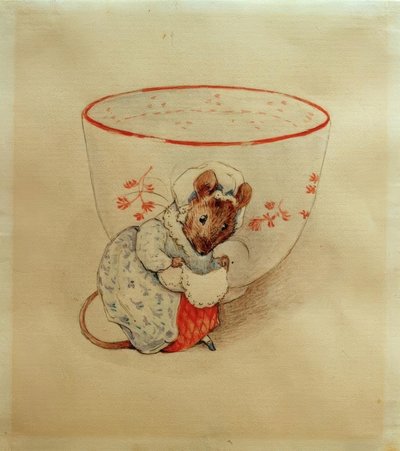 Signora Topo fa un inchino davanti a una tazza da tè da Beatrix Potter