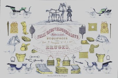Pubblicità per Felix Van de Velde-Decaluwe, produttori di carrozze trainate da cavalli, Bruges, Belgio da Belgian School