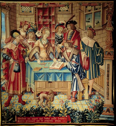 Tenda che illustra le arti liberali: Aritmetica. Arazzo in lana e seta realizzato intorno al 1520 a Tournai. Parigi, museo nazionale del Medioevo, Thermes de Cluny da Belgian School