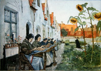 Merlettaie nel giardino di una casa di riposo a Bruges da Belgian School