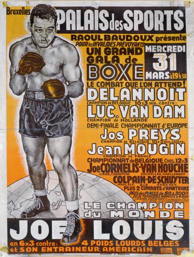 Poster pubblicitario per il match di boxe tra il campione belga Delannoit e il campione olandese Luc Van Dam da Belgian School