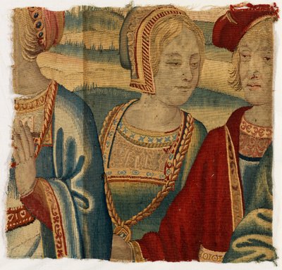 Frammento di arazzo raffigurante uomo e donna, realizzato possibilmente a Bruxelles, Belgio da Belgian School