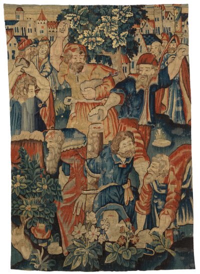 Frammento di arazzo raffigurante la Lapidazione degli Anziani, realizzato possibilmente a Bruxelles, Belgio da Belgian School