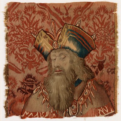 Pannello di arazzo raffigurante la testa di un sacerdote o re, realizzato forse a Tournai, Belgio, forse inizio XVI secolo da Belgian School