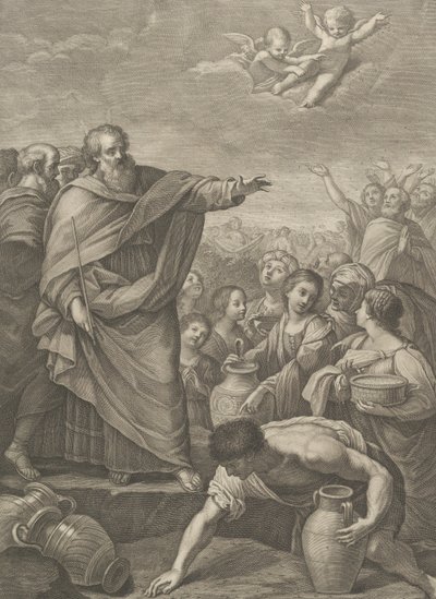 Mosè a sinistra con gli Israeliti che raccolgono la manna mentre cade dal cielo, due angeli sopra, 1776 da Benedetto Eredi