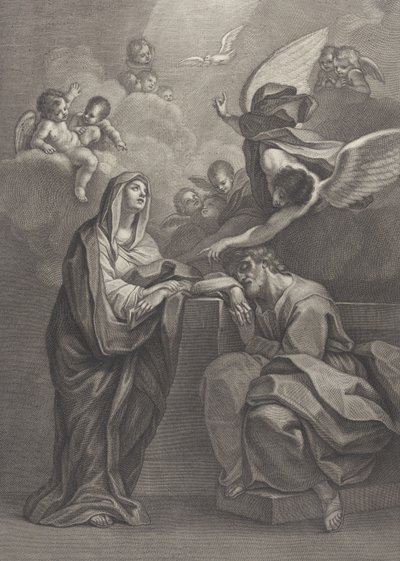 Tavola 6: il sogno di San Giuseppe, con la Vergine Maria a sinistra e un angelo sopra che indica..., 1777 da Benedetto Eredi