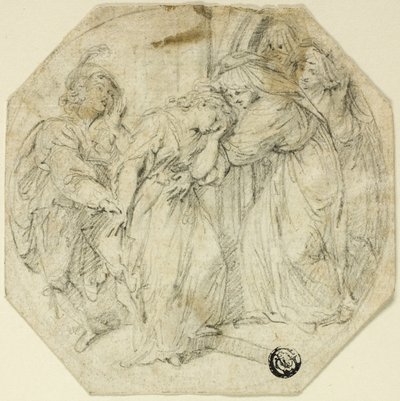 Donna svenuta alla porta di un convento, sostenuta da una suora e un giovane uomo da Benedetto Pastorini