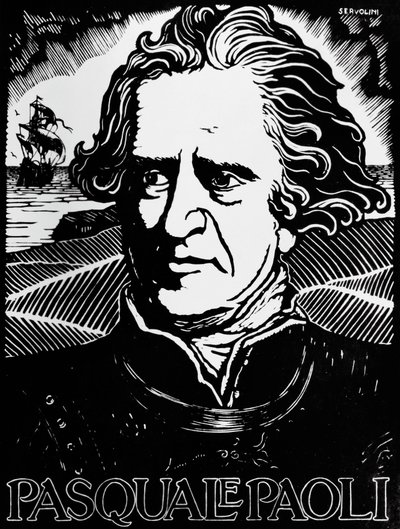 Ritratto di Pasquale Paoli, statista, generale e patriota corso (xilografia) da Benedetto Servolini