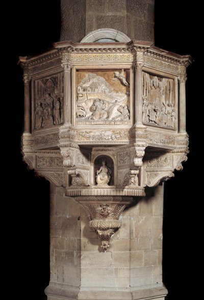 Pulpito in marmo con storia di San Francesco da Benedetto da Maiano