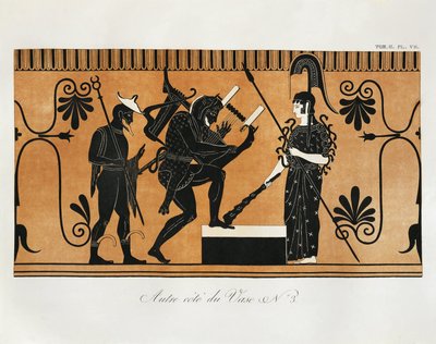 Scena da un antico vaso greco con Eracle che suona la lira davanti ad Atena con Hermes dietro di lui di Piringer (dopo l