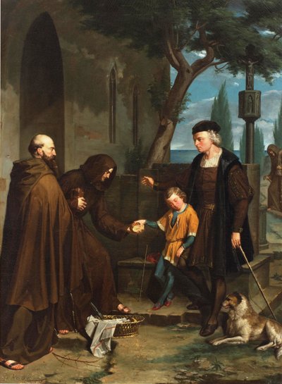 Colombo alle porte del convento di Santa Maria de la Rábida chiedendo pane e acqua per suo figlio, 1858 da Benito Mercade y Fabregas