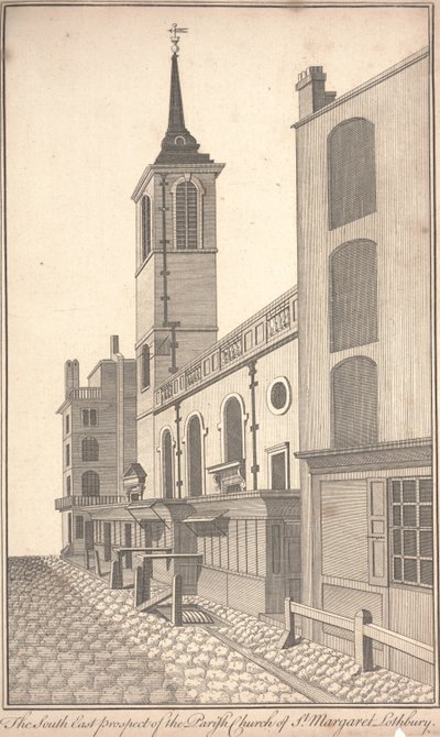 Prospetto sud-est della chiesa parrocchiale di St. Margaret Lothbury, c.1750 da Benjamin Cole