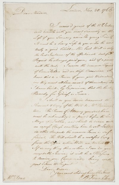 Lettera autografa a Mrs. Ann Penn, Londra, 20 novembre 1766 da Benjamin Franklin