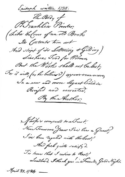 Epitaffio di Benjamin Franklin, scritto da lui stesso, 1728 da Benjamin Franklin
